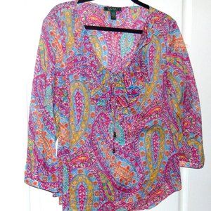 SOLD Ralph Lauren Paisley Tunic Shirt Boho Blouse Pink Blue Yellow Multi XL
